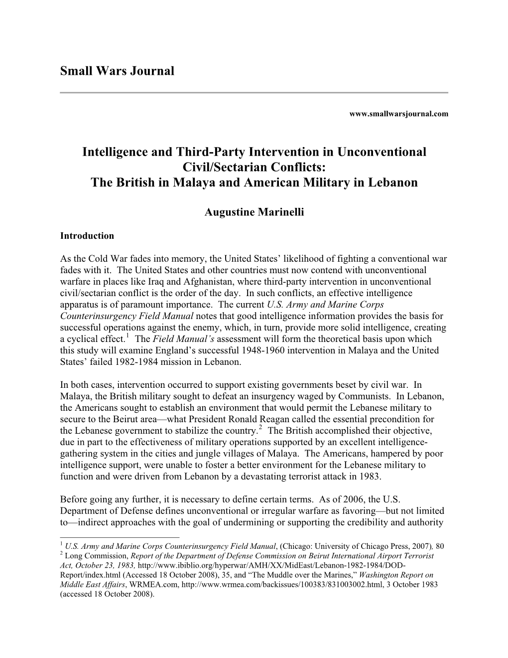 Small Wars Journal Intelligence and T Unconventional the British in Malaya and American Military in Lebanon Hird-Party Intervent