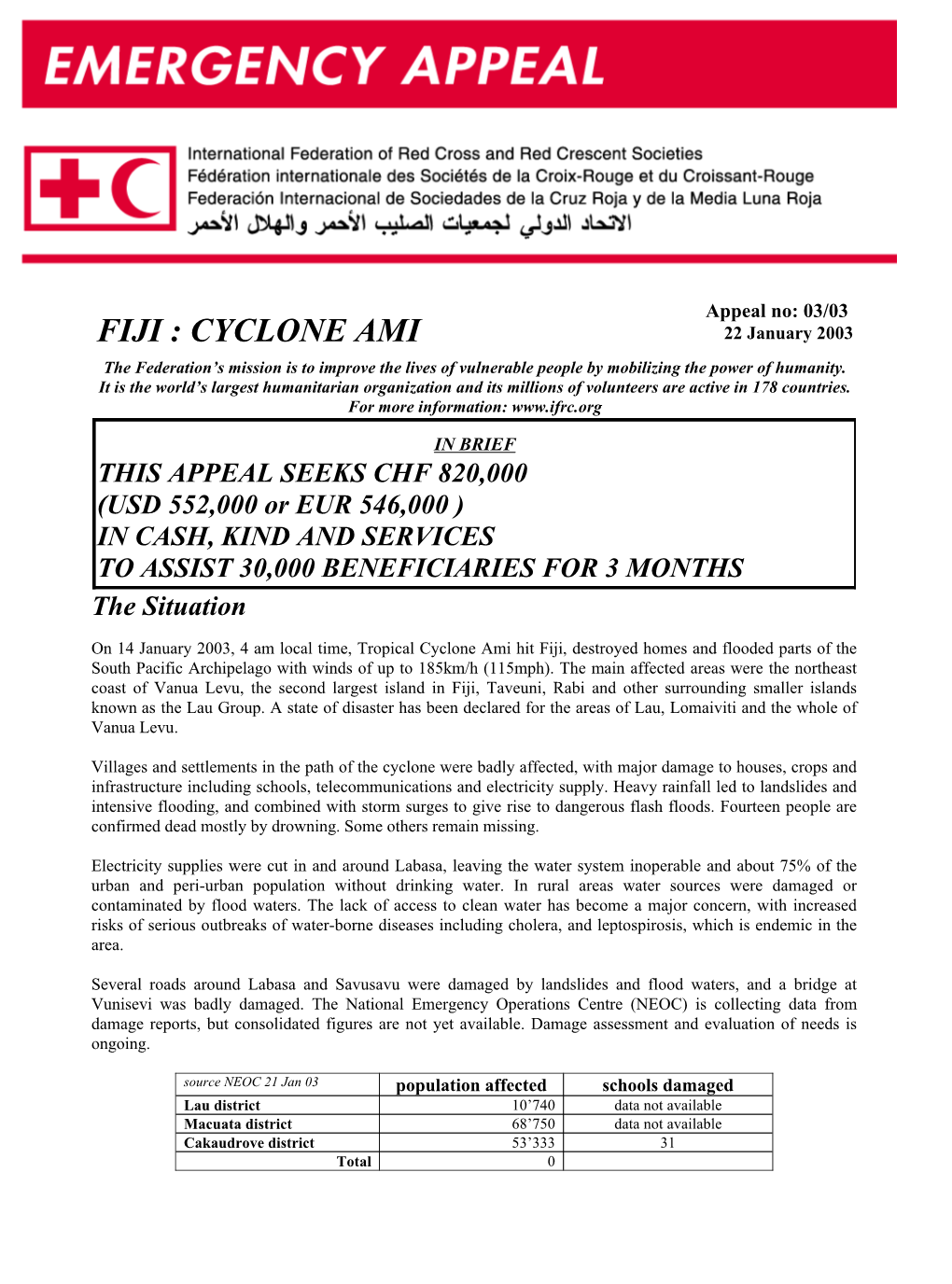 FIJI : CYCLONE AMI 22 January 2003 the Federation’S Mission Is to Improve the Lives of Vulnerable People by Mobilizing the Power of Humanity