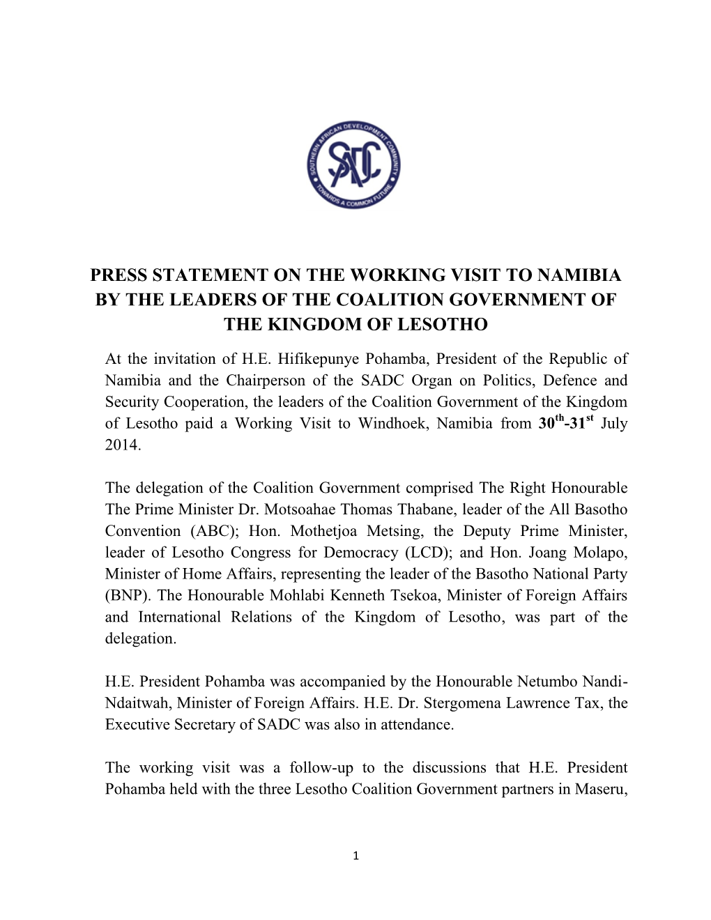 Press Statement on the Working Visit to Namibia by the Leaders of the Coalition Government of the Kingdom of Lesotho