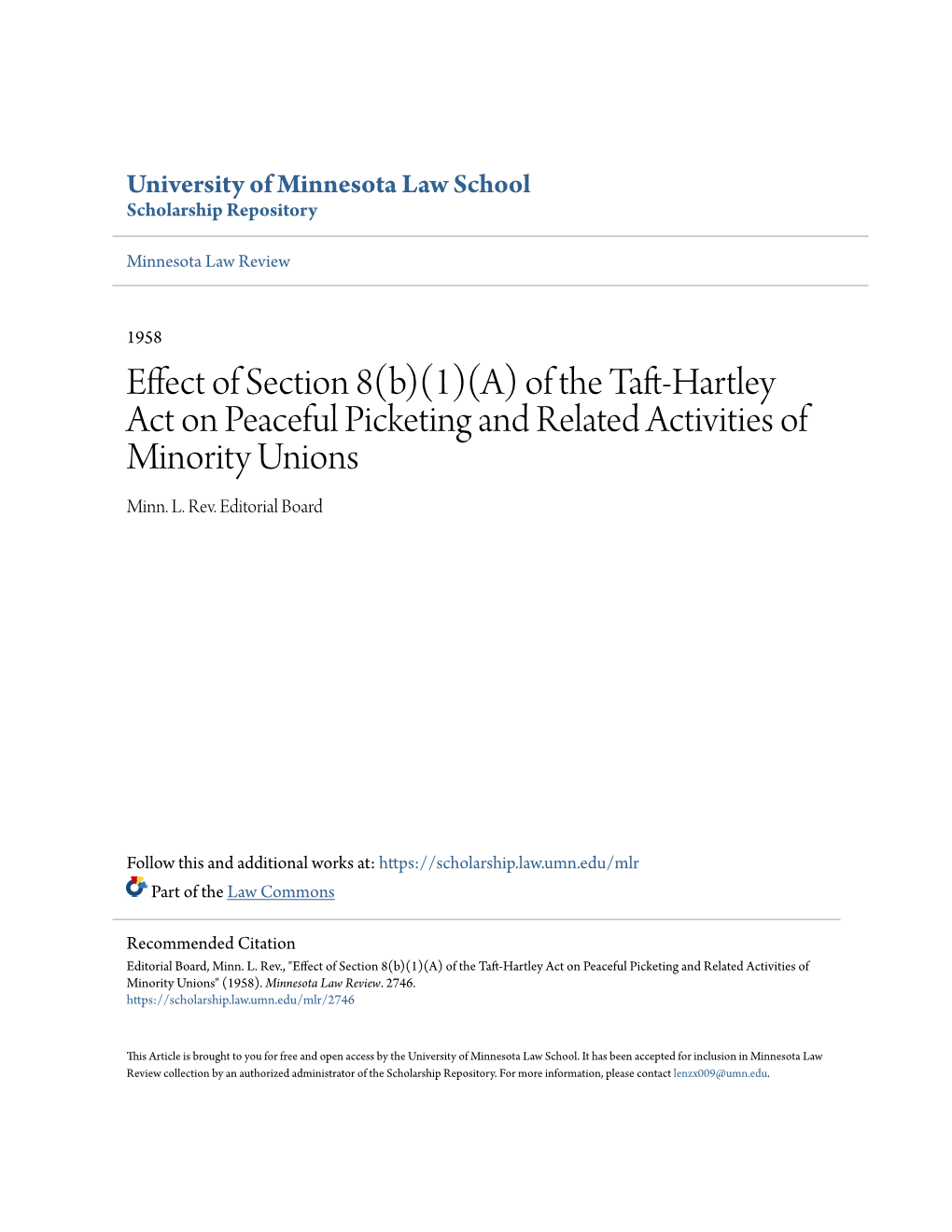 (A) of the Taft-Hartley Act on Peaceful Picketing and Related Activities of Minority Unions Minn