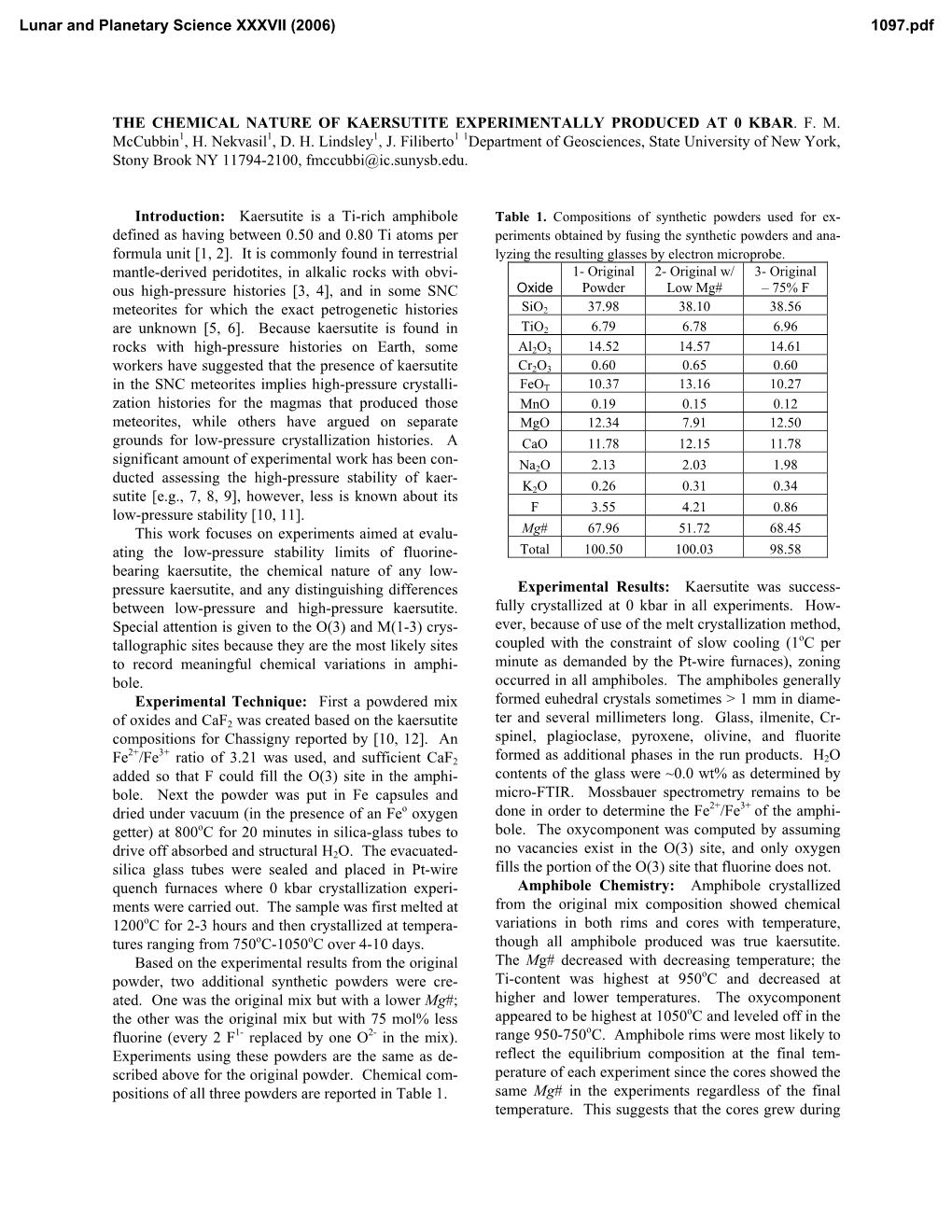 The Chemical Nature of Kaersutite Experimentally Produced at 0 Kbar