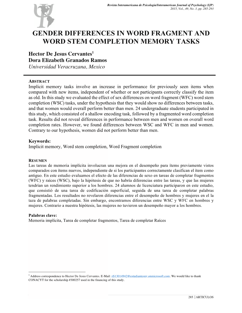 Gender Differences in Word Fragment and Word Stem Completion Memory Tasks