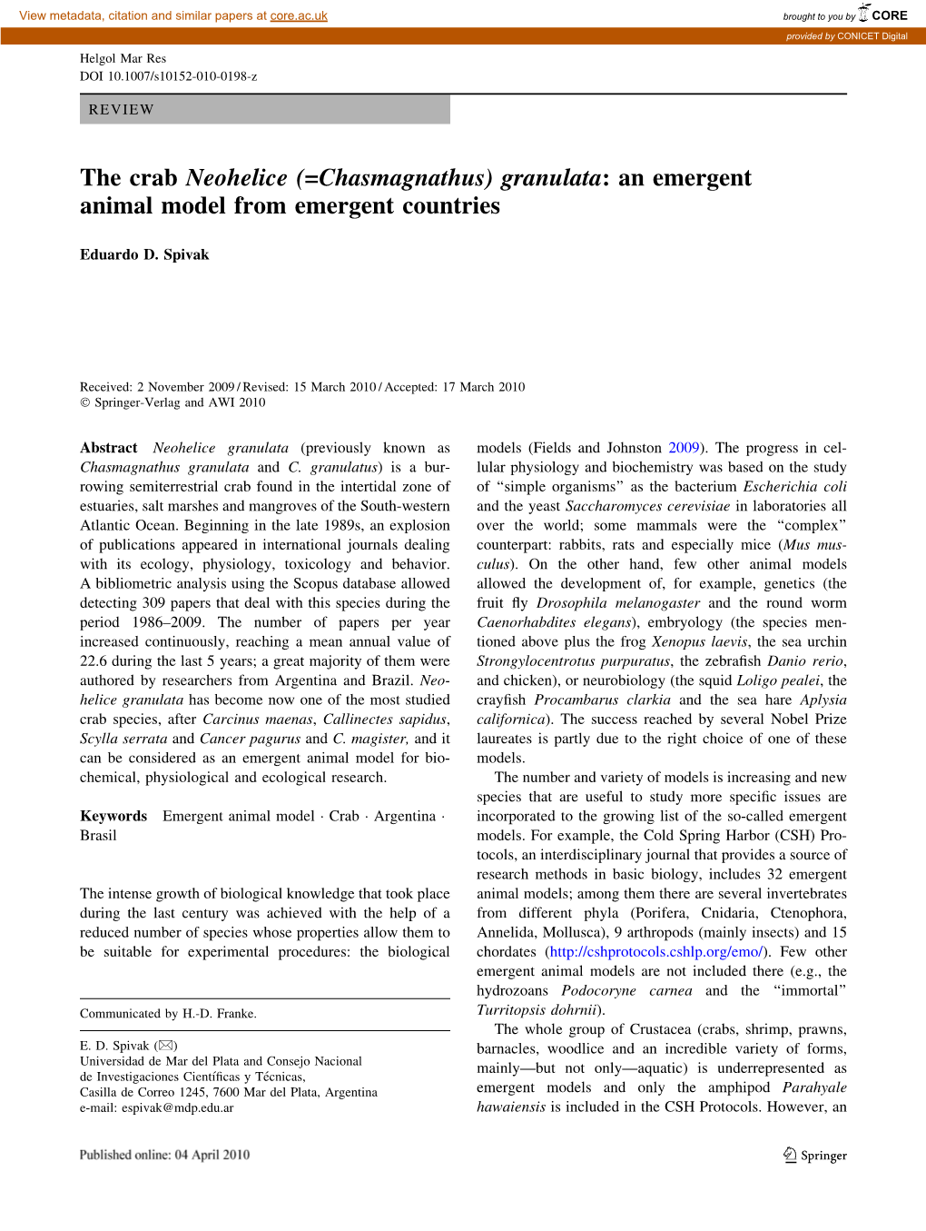 The Crab Neohelice (=Chasmagnathus) Granulata: an Emergent Animal Model from Emergent Countries