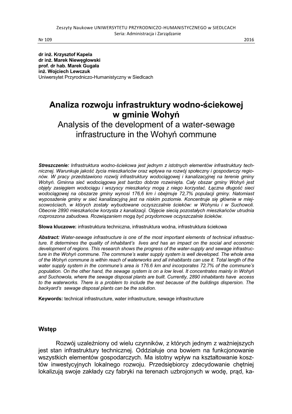 Analiza Rozwoju Infrastruktury Wodno-Ściekowej W Gminie Wohyń Analysis of the Development of a Water-Sewage Infrastructure in the Wohyń Commune