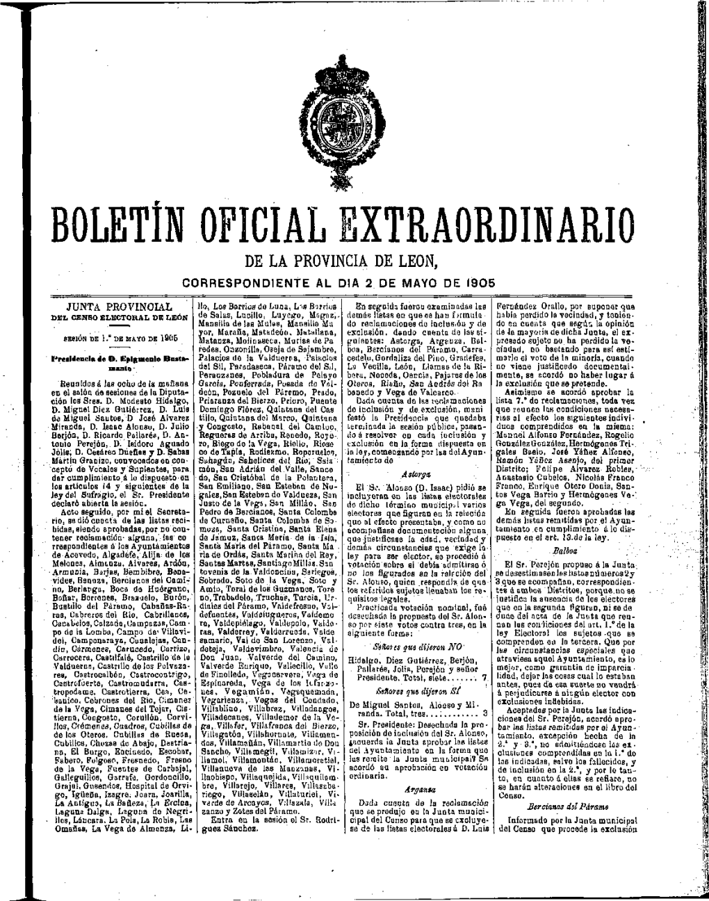 Boletin Oficial Extraordinario De La Provincia De Leon, Correspondiente Al Dia 2 De Mayo De 1905