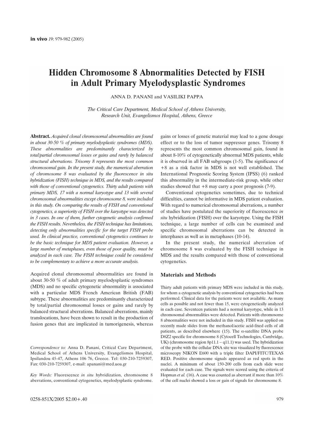 Hidden Chromosome 8 Abnormalities Detected by FISH in Adult Primary Myelodysplastic Syndromes