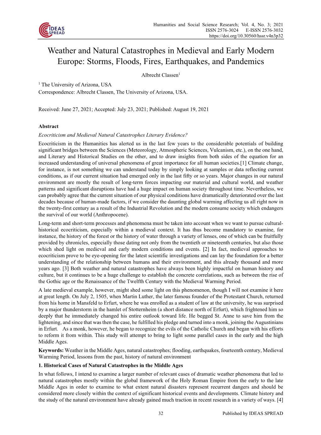 Weather and Natural Catastrophes in Medieval and Early Modern Europe: Storms, Floods, Fires, Earthquakes, and Pandemics