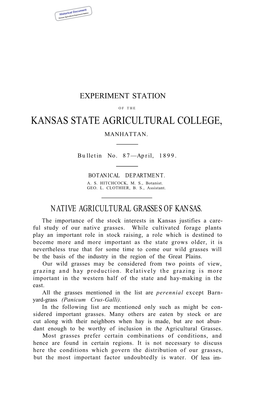 SB087 1899 Native Agricultural Grasses of Kansas