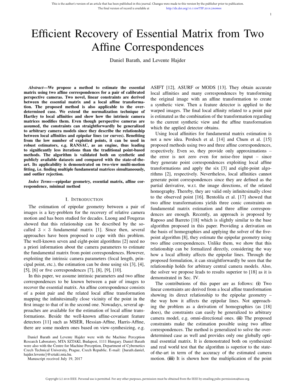 Efficient Recovery of Essential Matrix from Two Affine Correspondences