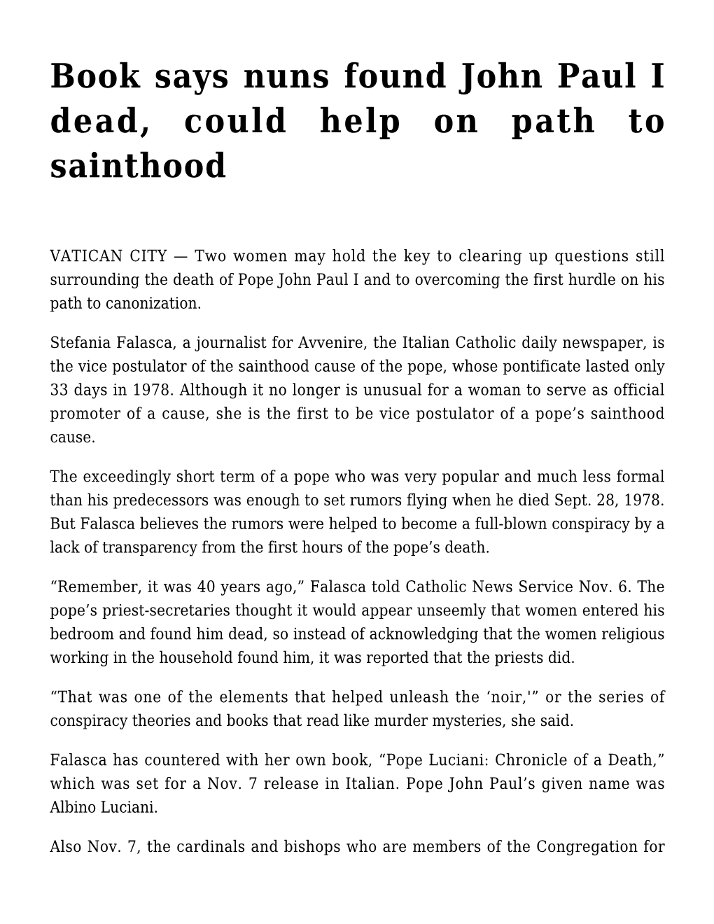 Book Says Nuns Found John Paul I Dead, Could Help on Path to Sainthood