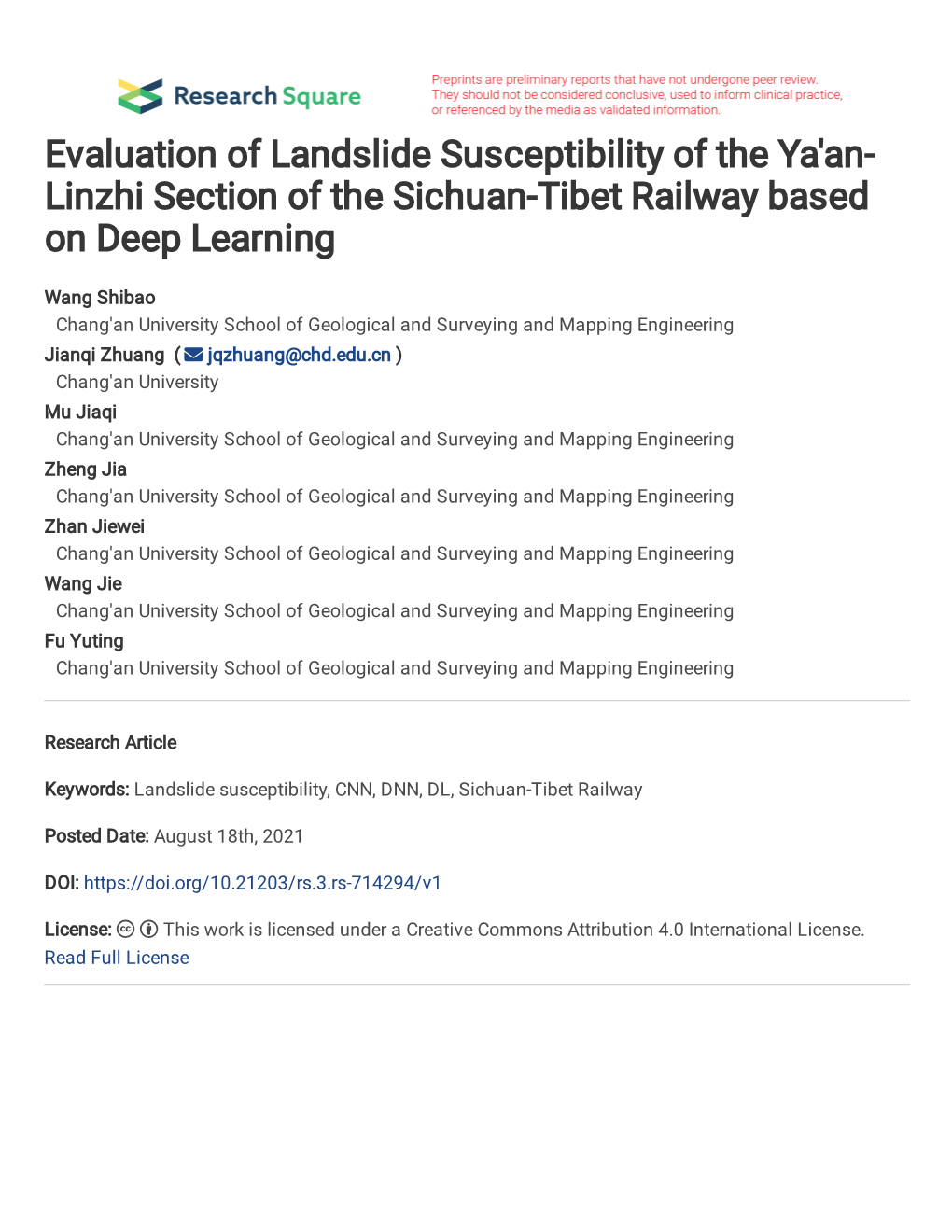 Evaluation of Landslide Susceptibility of the Ya'an- Linzhi Section of the Sichuan-Tibet Railway Based on Deep Learning