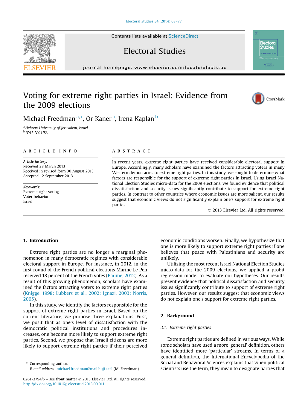 Voting for Extreme Right Parties in Israel: Evidence from the 2009 Elections