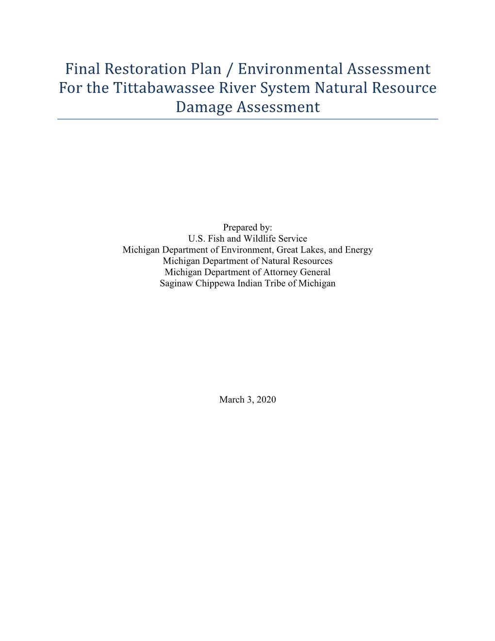 Final Restoration Plan/Environmental Assessment for the Tittabawassee