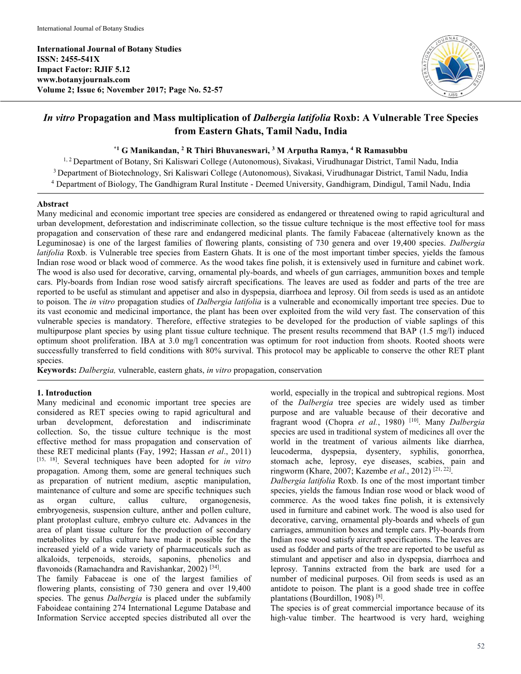 In Vitro Propagation and Mass Multiplication of Dalbergia Latifolia Roxb: a Vulnerable Tree Species from Eastern Ghats, Tamil Nadu, India