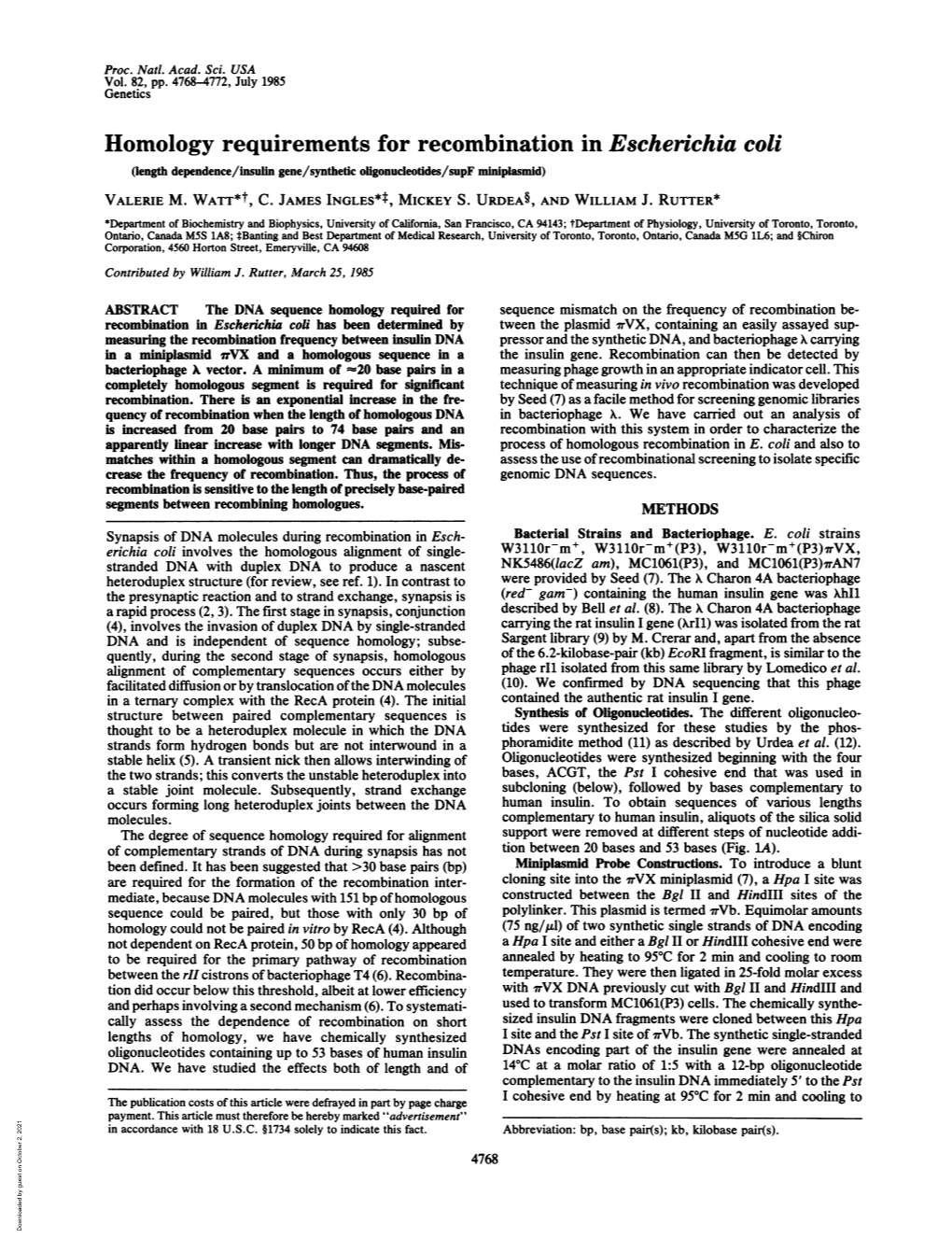 Homology Requirements for Recombination in Escherichia Coli (Length Dependence/Insulin Gene/Synthetic Oligonucleotides/Supf Miniplasmid) VALERIE M