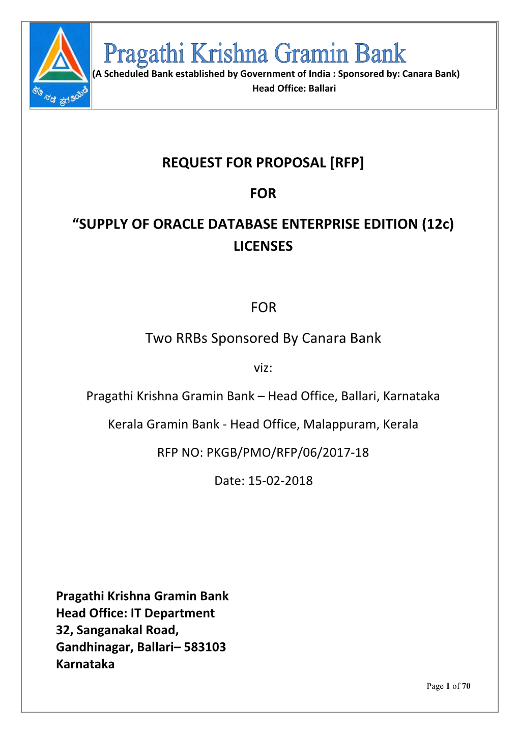 RFP] for “SUPPLY of ORACLE DATABASE ENTERPRISE EDITION (12C) LICENSES
