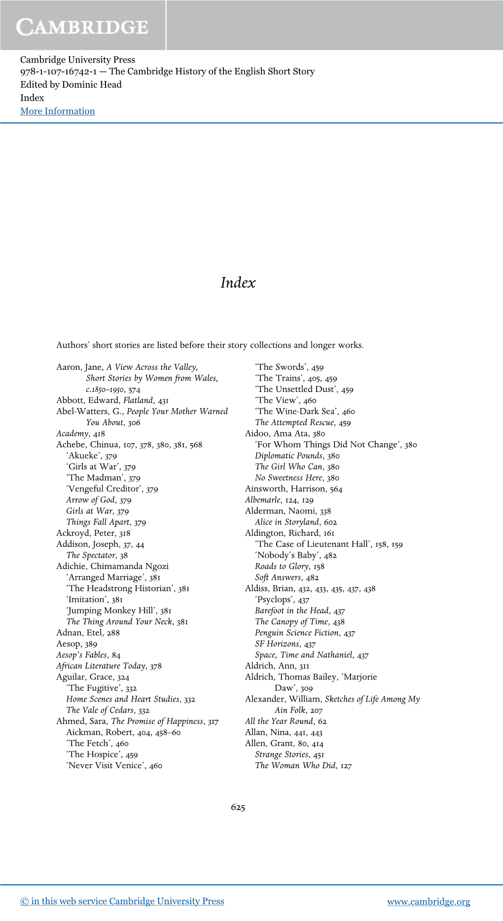 The Cambridge History of the English Short Story Edited by Dominic Head Index More Information