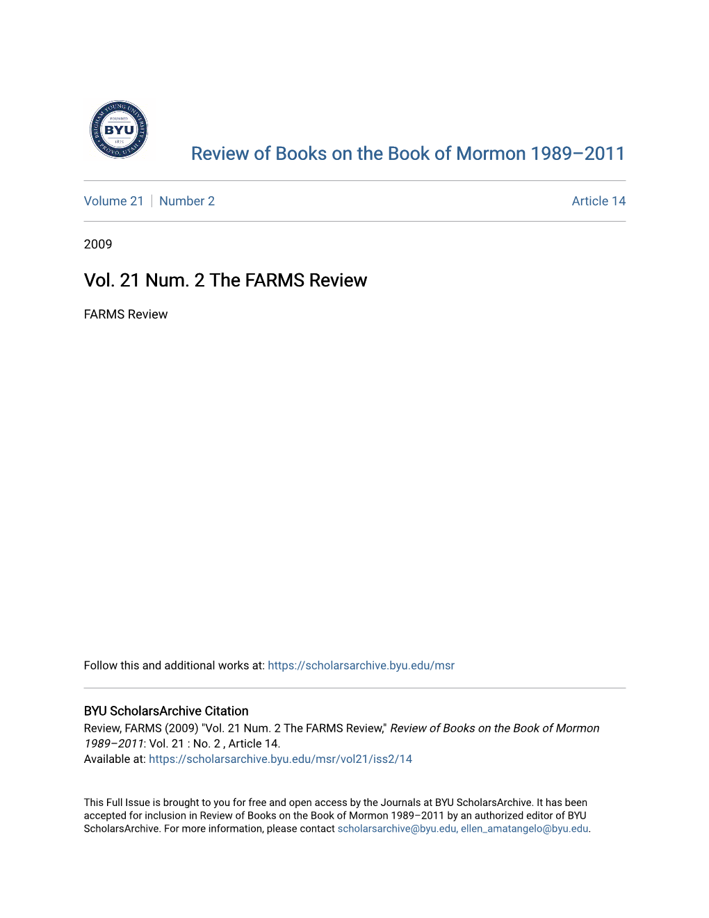 Vol. 21 Num. 2 the FARMS Review