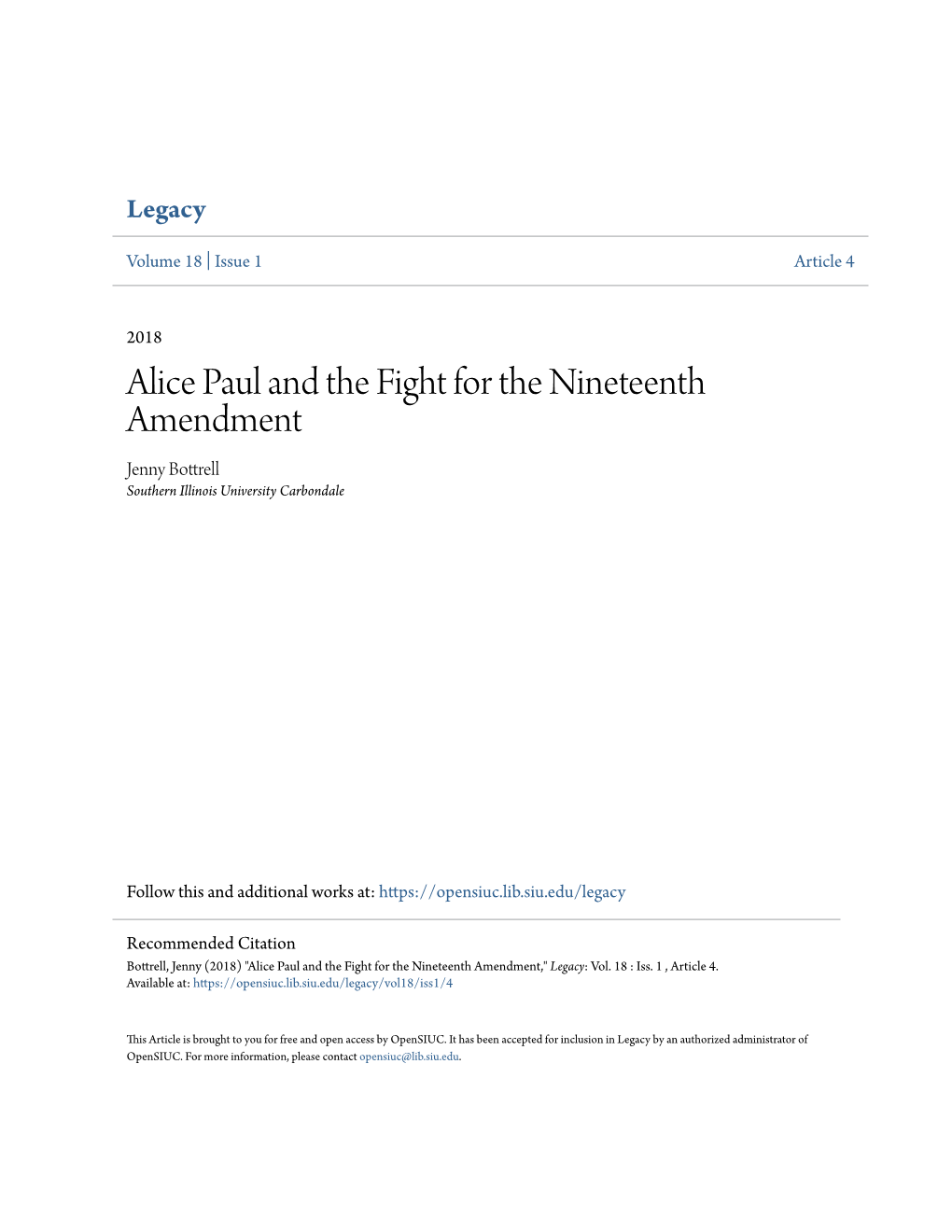 Alice Paul and the Fight for the Nineteenth Amendment Jenny Bottrell Southern Illinois University Carbondale