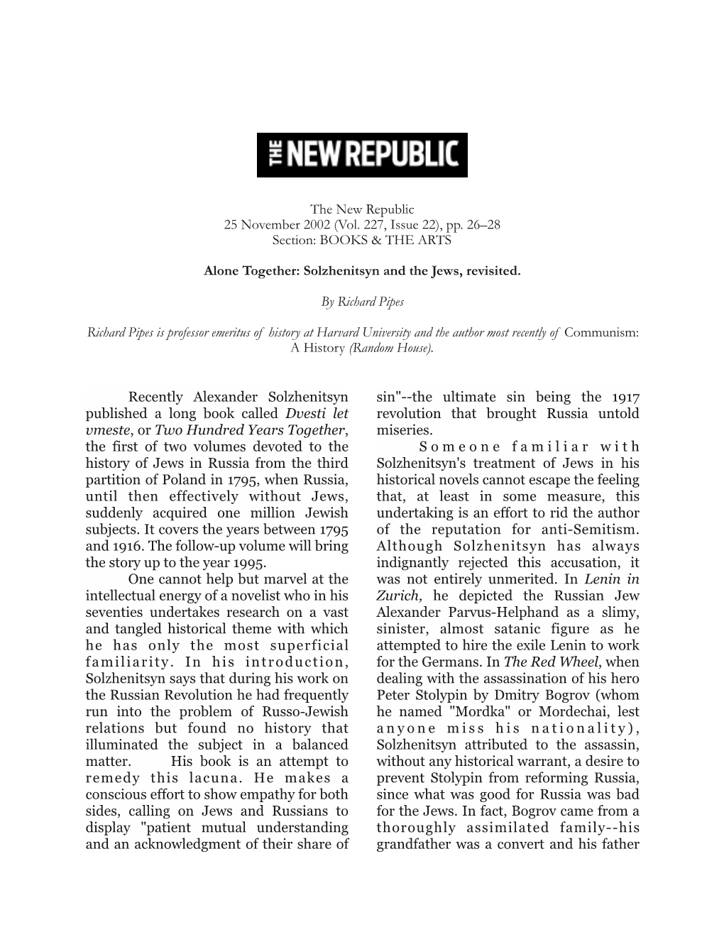 2002.11.25 New Republic Pipes Review Of