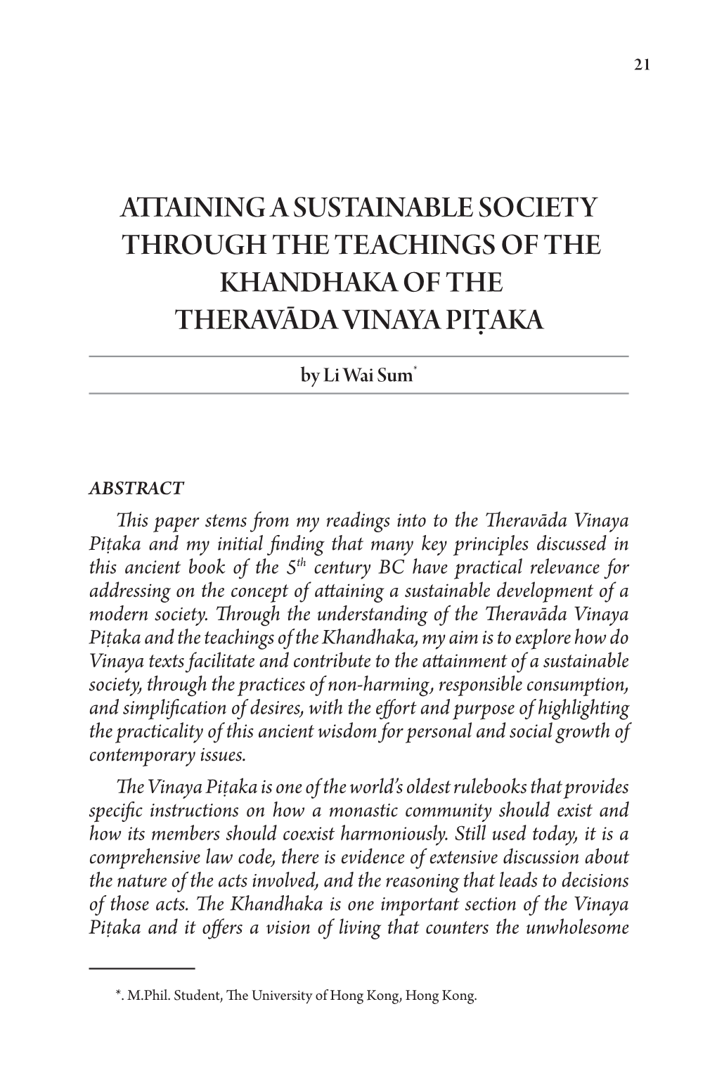 Attaining a Sustainable Society Through the Teachings of the Khandhaka of the Theravāda Vinaya Piṭaka