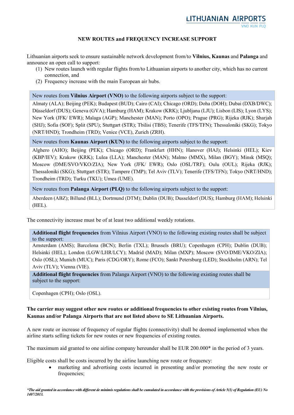 NEW ROUTES and FREQUENCY INCREASE SUPPORT Lithuanian