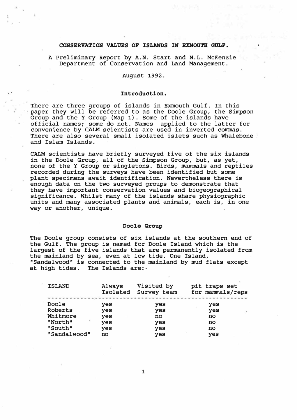 CONSERVATION VALUES OP ISLANDS in EXMOUTB GULP• ' a Preliminary Report by A.N. Start and N.L. Mckenzie Department of Conservation and Land Management