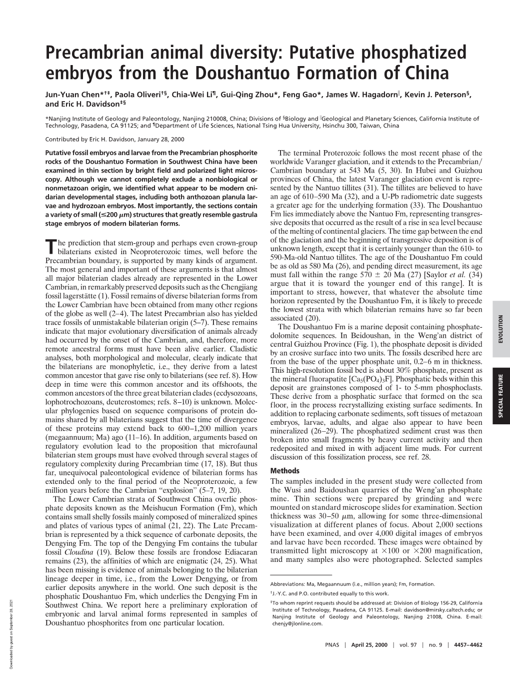 Putative Phosphatized Embryos from the Doushantuo Formation of China