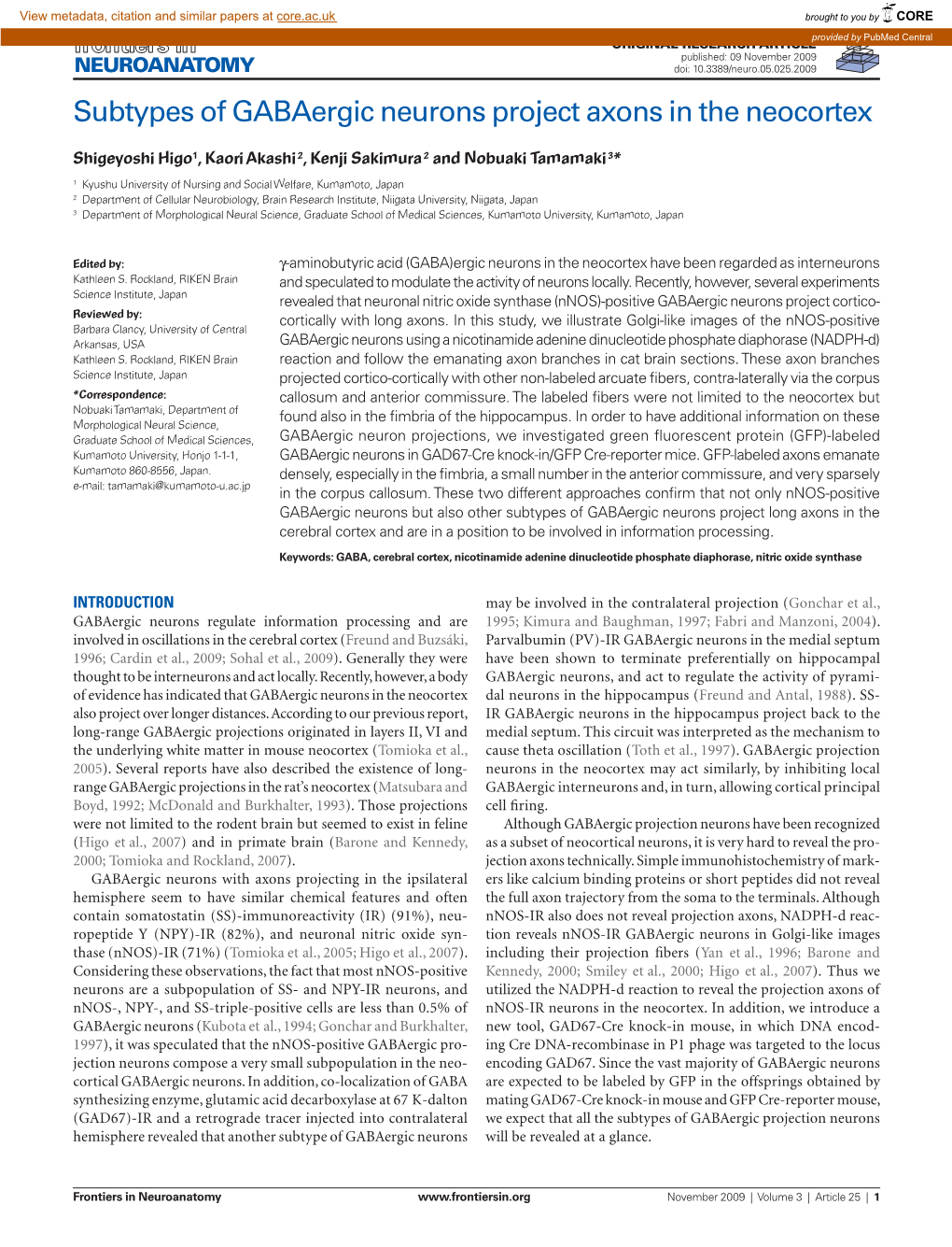 Subtypes of Gabaergic Neurons Project Axons in the Neocortex