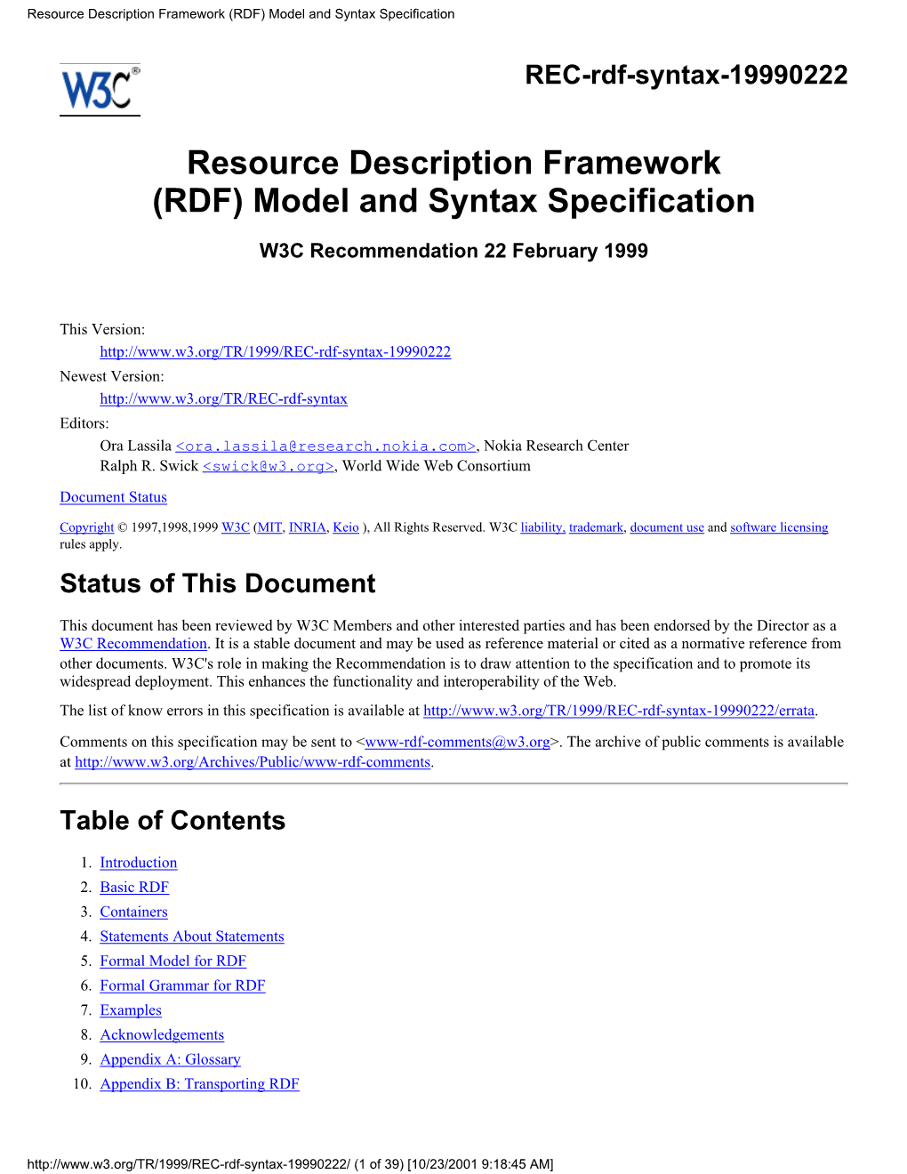 Resource Description Framework (RDF) Model and Syntax Specification