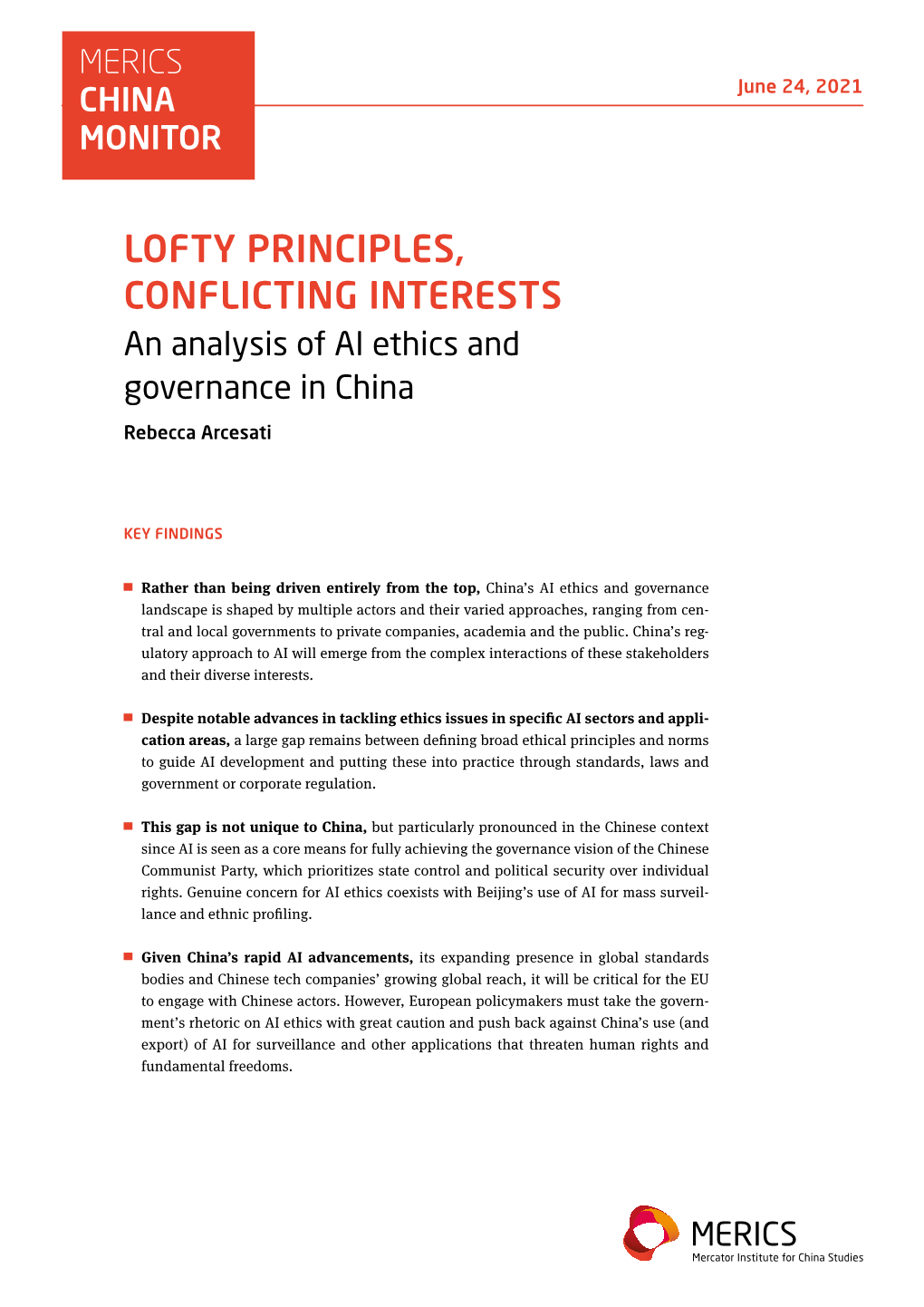 LOFTY PRINCIPLES, CONFLICTING INTERESTS an Analysis of AI Ethics and Governance in China