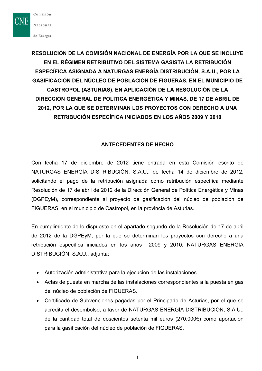 Resolución De La Comisión Nacional De Energía Por La Que Se Incluye