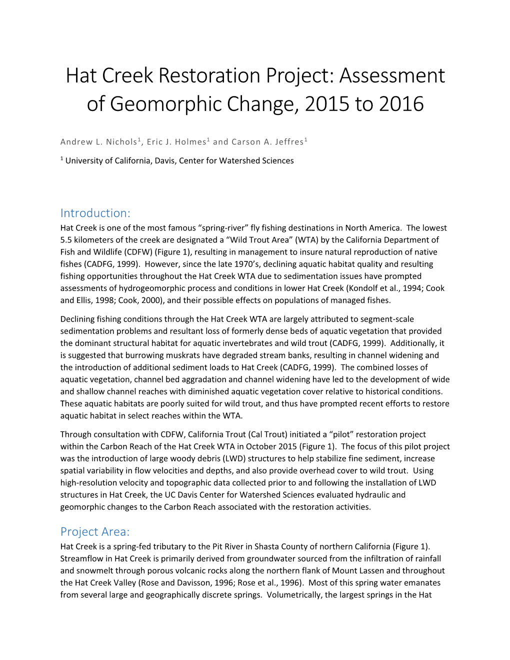 Hat Creek Restoration Project: Assessment of Geomorphic Change, 2015 to 2016