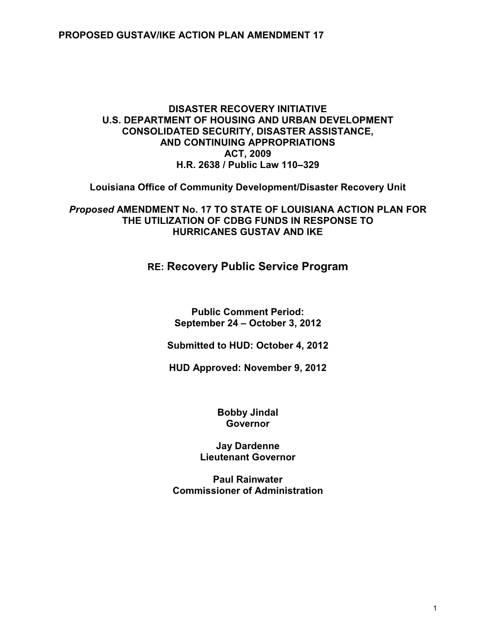 Amendment to State of Louisiana Action Plan for Disaster Recovery –