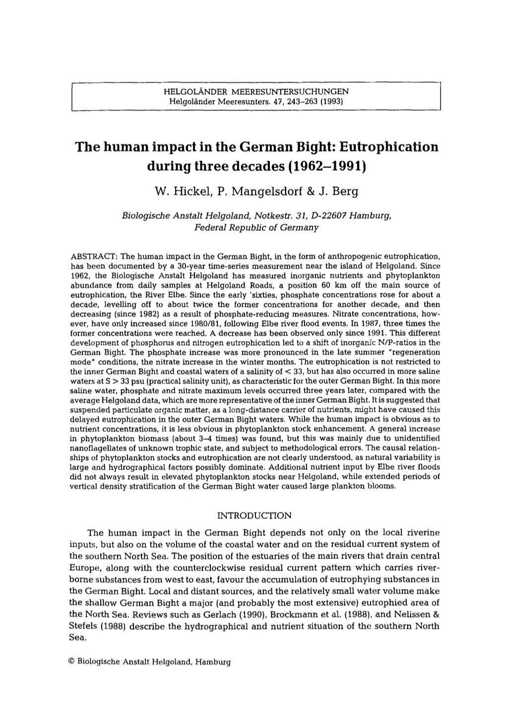 The Human Impact in the German Bight: Eutrophication During Three Decades (1962&#X2013;1991)