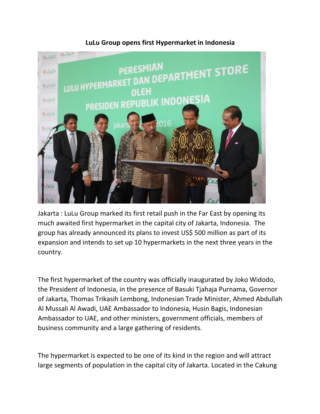 Lulu Group Opens First Hypermarket in Indonesia