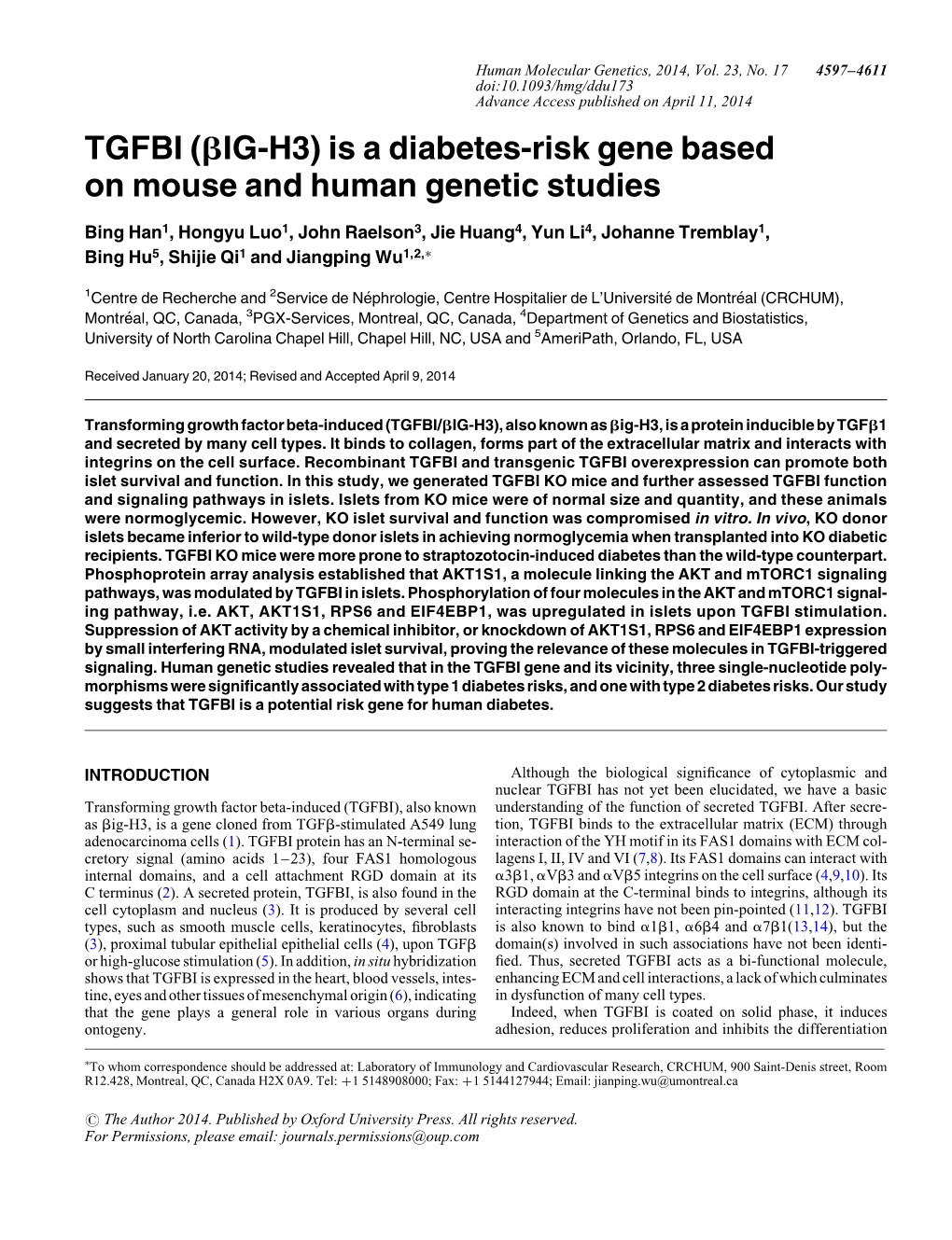 TGFBI (Big-H3) Is a Diabetes-Risk Gene Based on Mouse and Human Genetic Studies