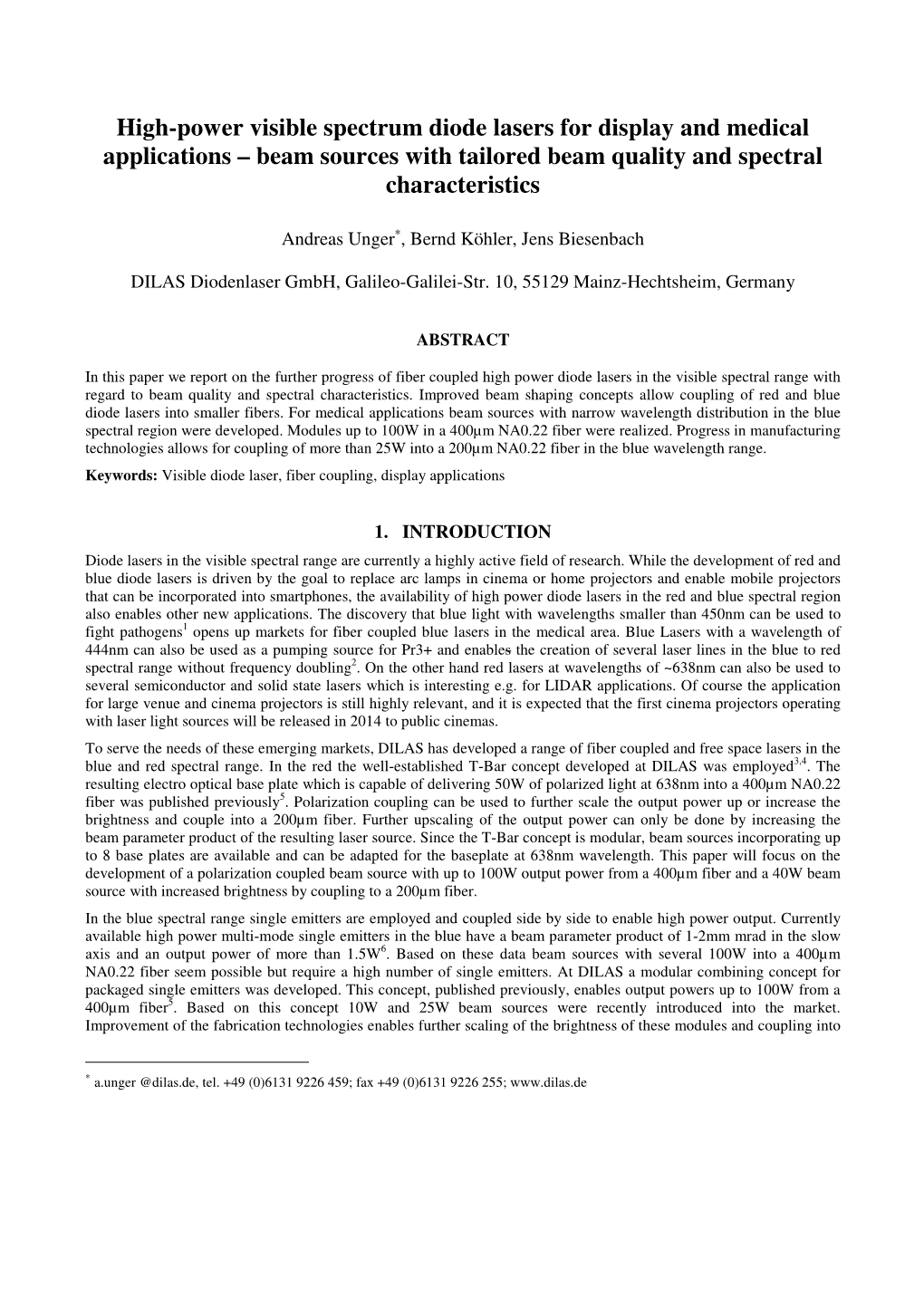 High-Power Visible Spectrum Diode Lasers for Display and Medical Applications – Beam Sources with Tailored Beam Quality and Spectral Characteristics