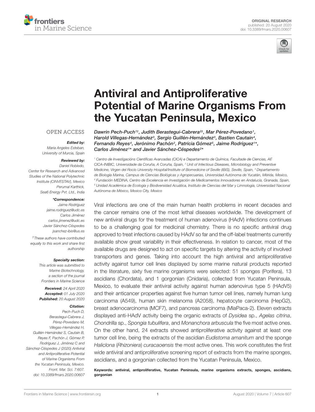 Antiviral and Antiproliferative Potential of Marine Organisms from the Yucatan Peninsula, Mexico