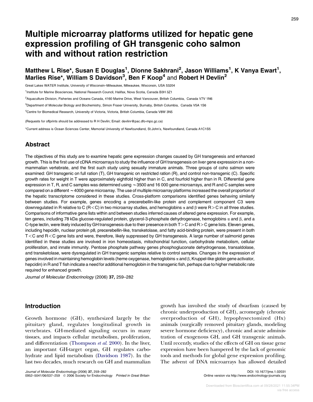 Multiple Microarray Platforms Utilized for Hepatic Gene Expression Proﬁling of GH Transgenic Coho Salmon with and Without Ration Restriction