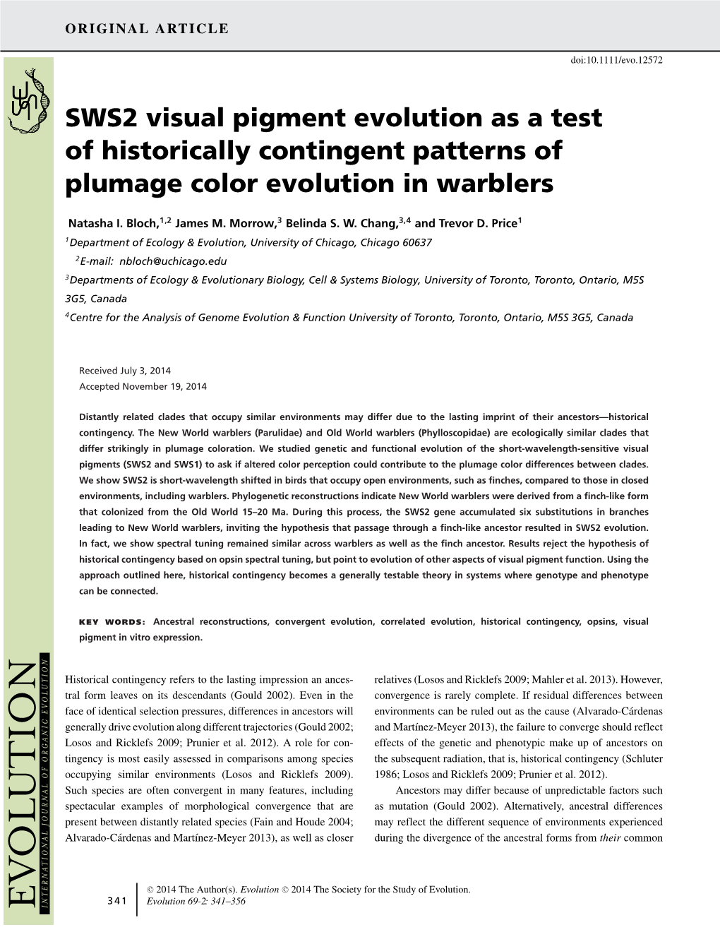 SWS2 Visual Pigment Evolution As a Test of Historically Contingent Patterns of Plumage Color Evolution in Warblers