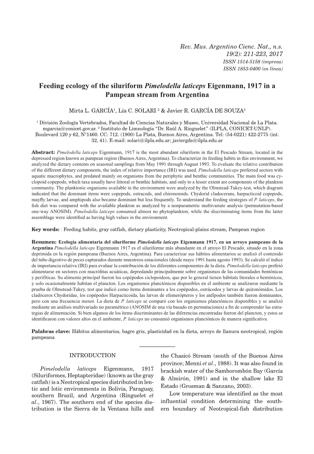 Feeding Ecology of the Siluriform Pimelodella Laticeps Eigenmann, 1917 in a Pampean Stream from Argentina