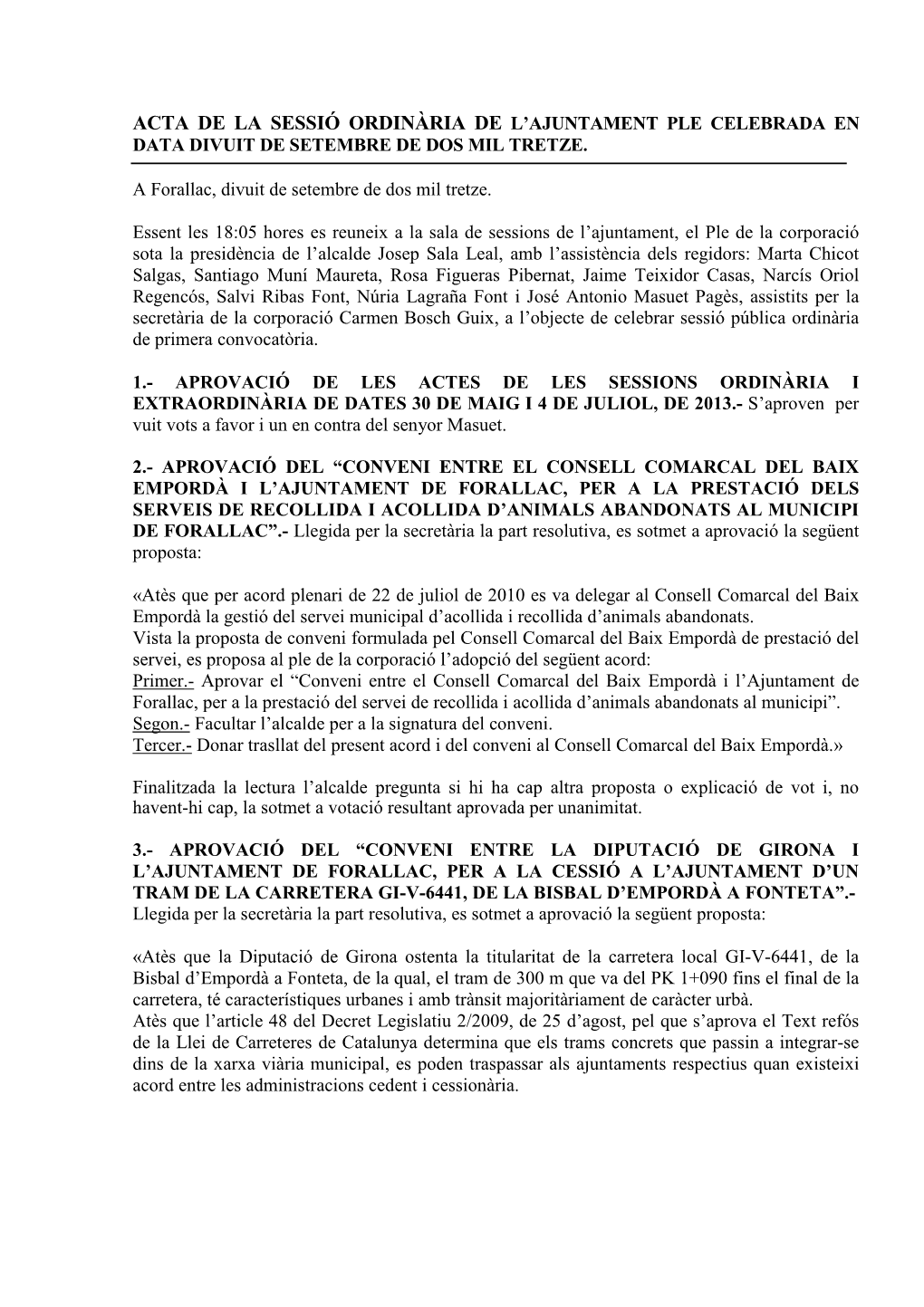 Acta De La Sessió Ordinària De L'ajuntament Ple Celebrada En