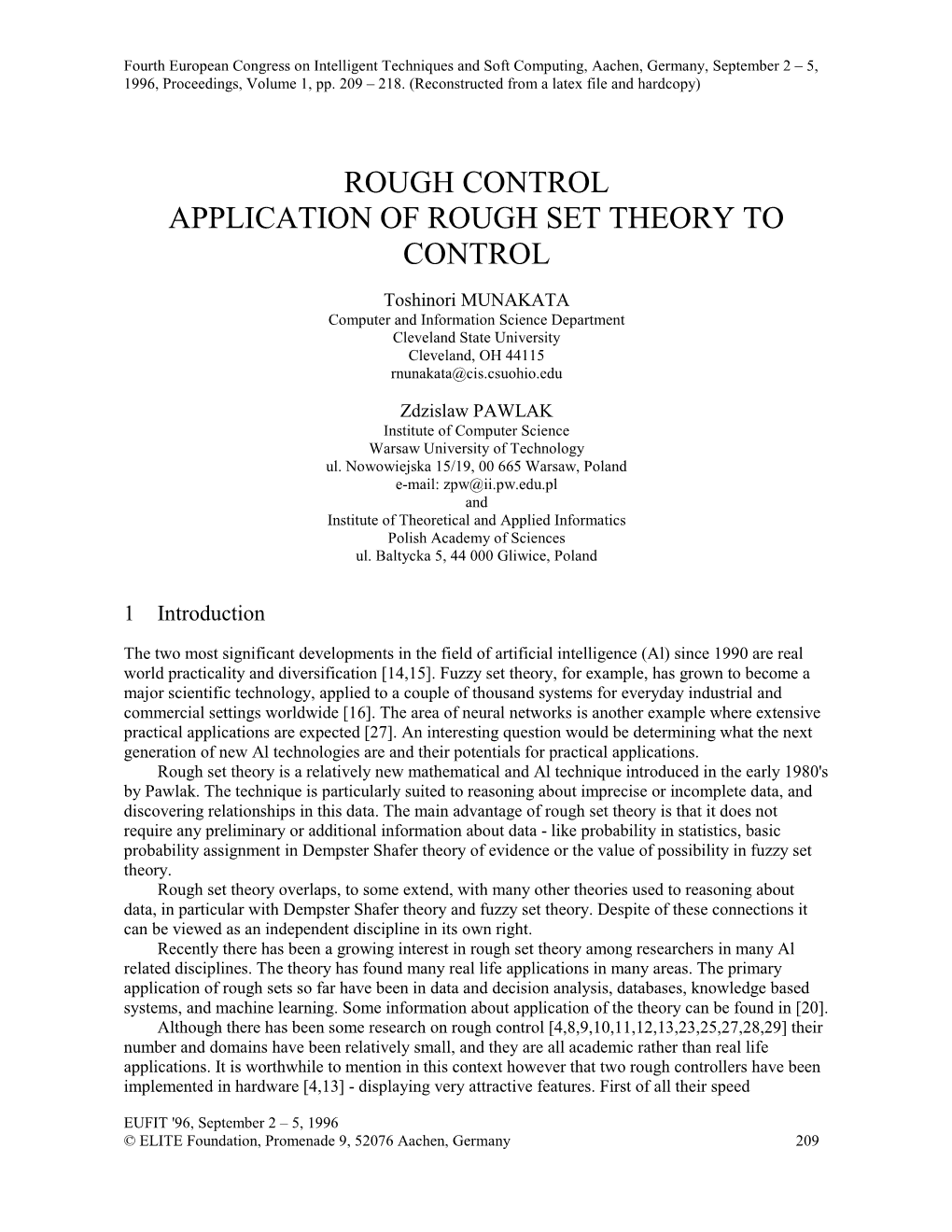 Application of Rough Set Theory to Control
