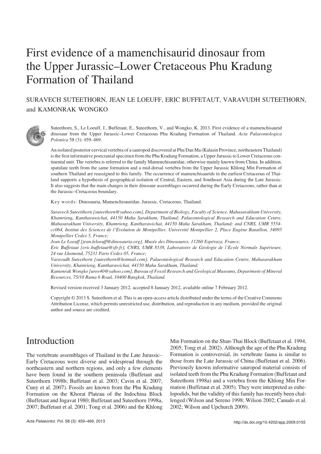 First Evidence of a Mamenchisaurid Dinosaur from the Upper Jurassic–Lower Cretaceous Phu Kradung Formation of Thailand