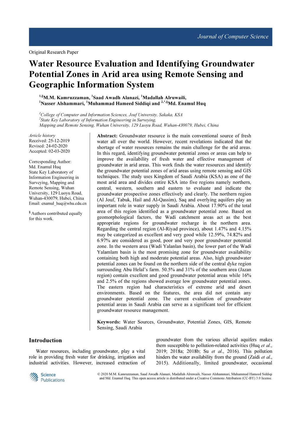 Water Resource Evaluation and Identifying Groundwater Potential Zones in Arid Area Using Remote Sensing and Geographic Information System