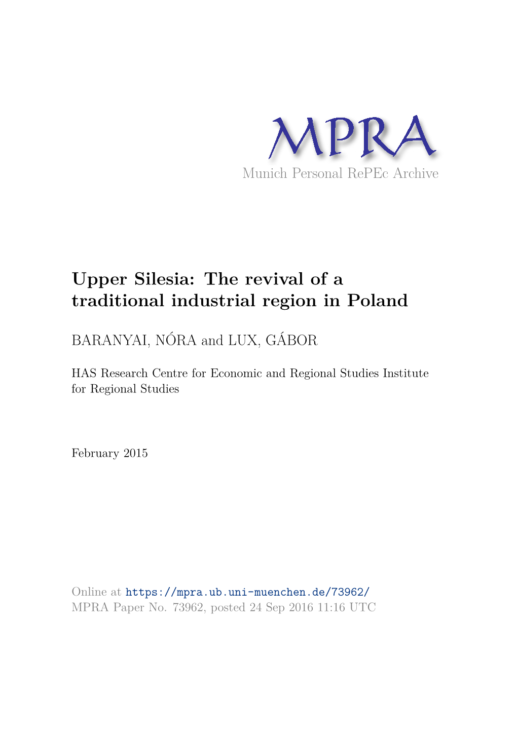 Upper Silesia: the Revival of a Traditional Industrial Region in Poland