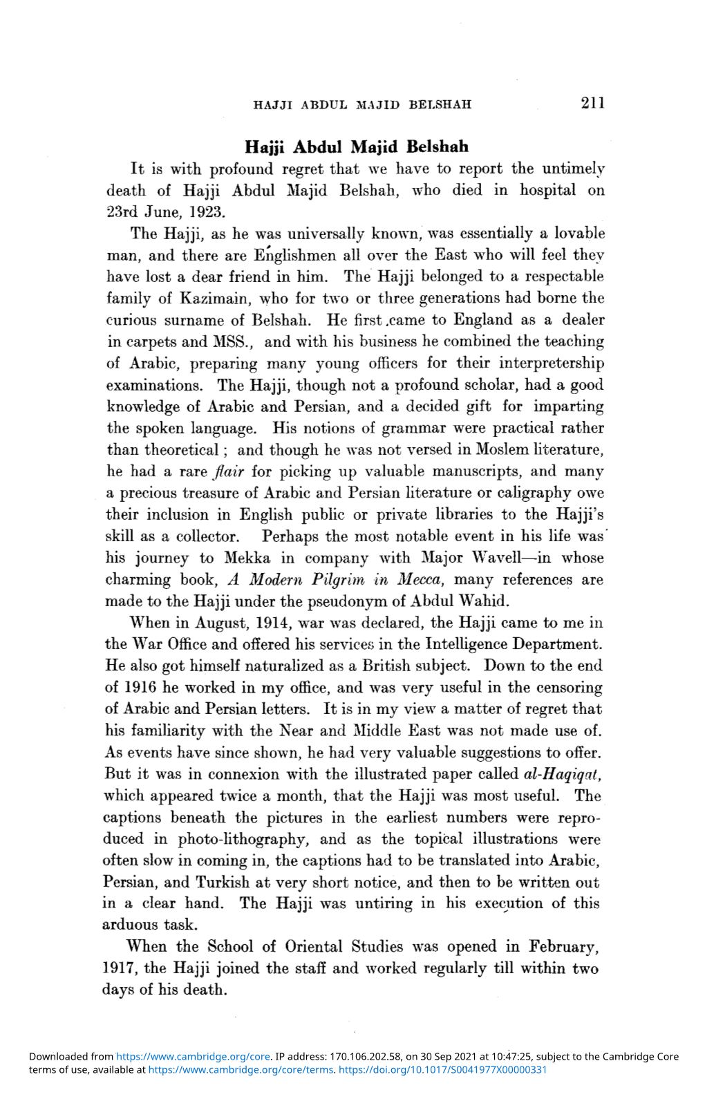 Hajji Abdul Majid Belshah It Is with Profound Regret That We Have to Report the Untimely Death of Hajji Abdul Majid Belshah, Who Died in Hospital on 23Rd June, 1923