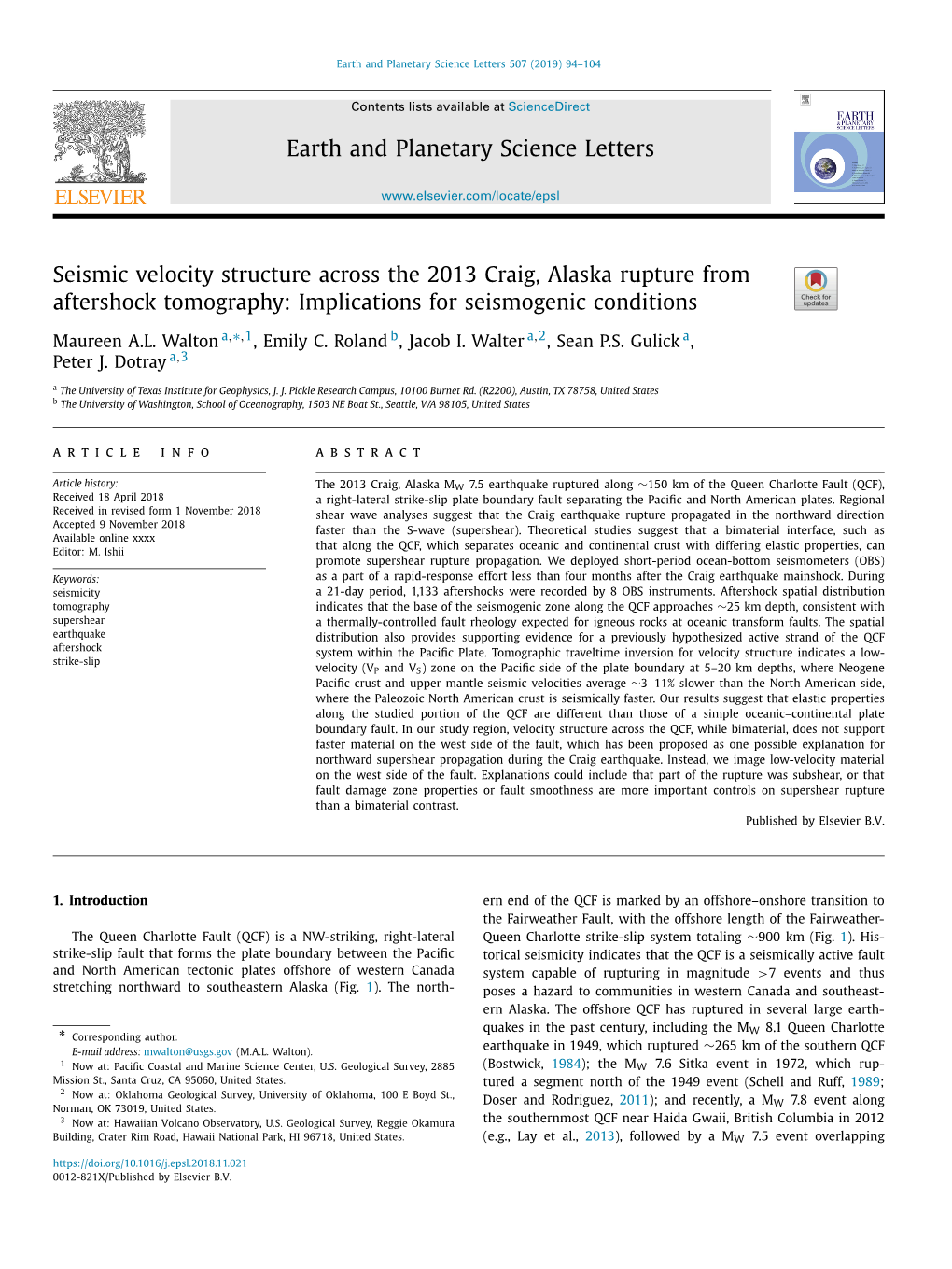 Seismic Velocity Structure Across the 2013 Craig, Alaska Rupture from Aftershock Tomography: Implications for Seismogenic Conditions ∗ Maureen A.L