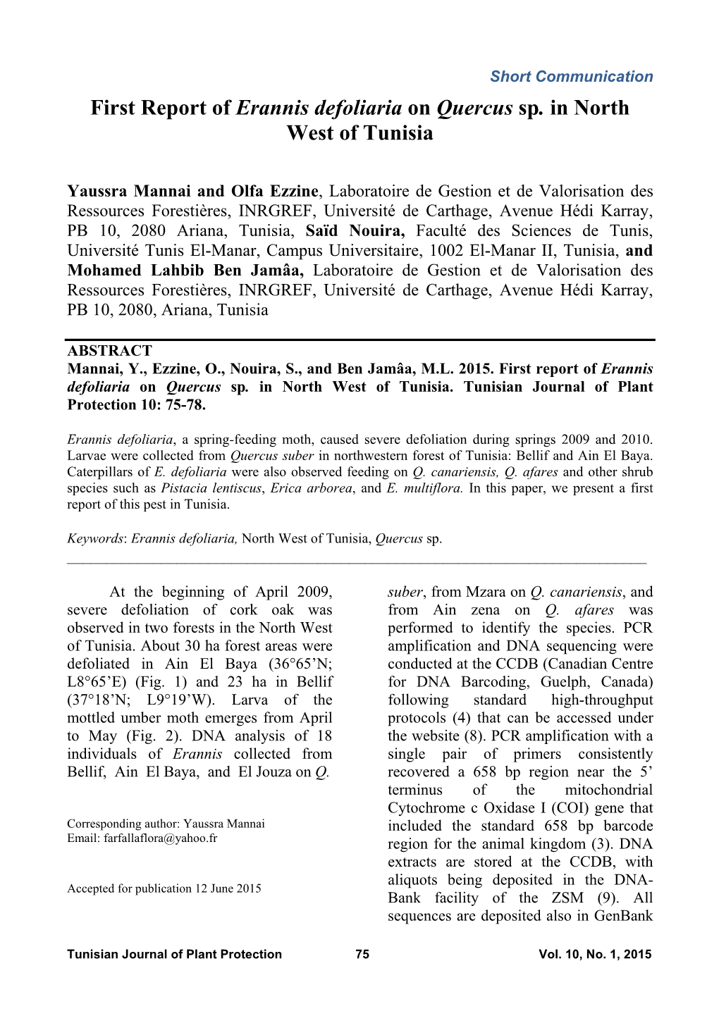 First Report of Erannis Defoliaria on Quercus Sp. in North West of Tunisia